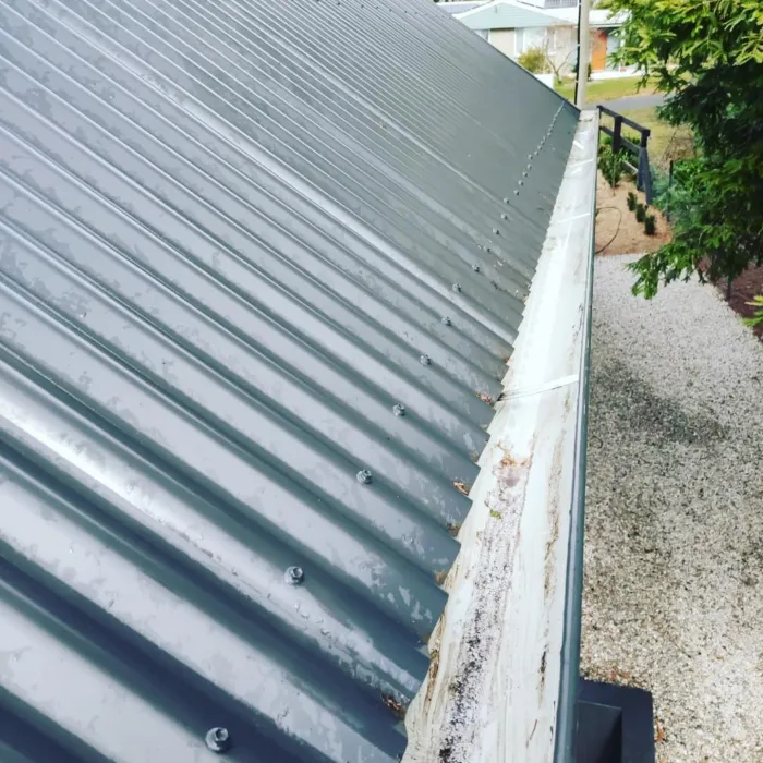 Clean gutter along a tin roof
